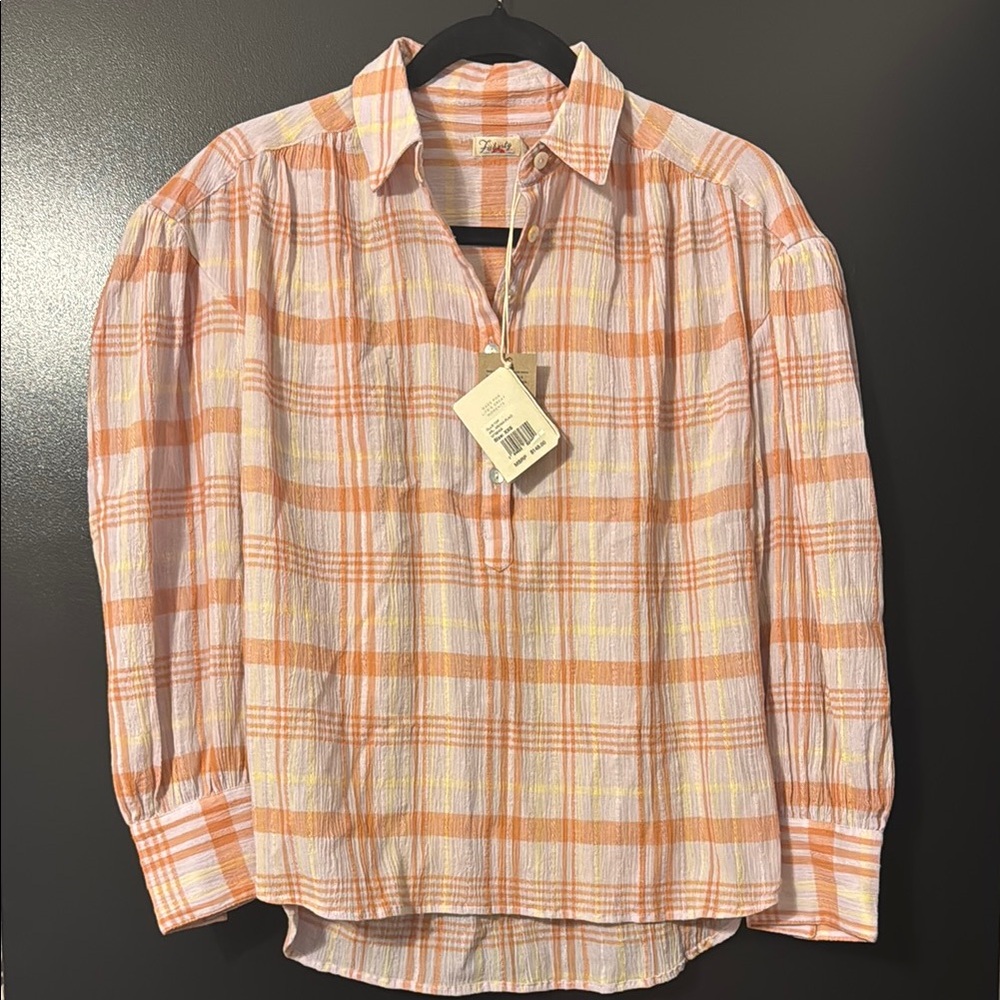 Faherty Orange and Pink Blouse with Soft Plaid Design